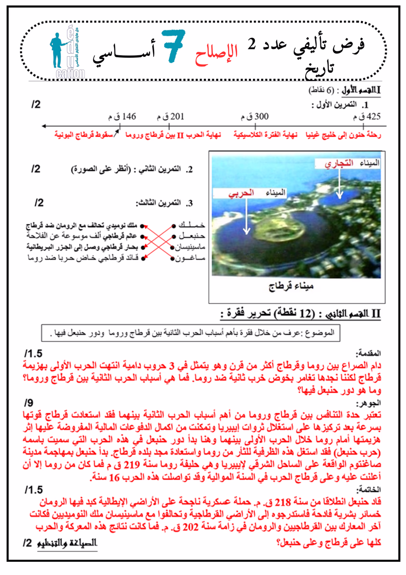 فرض تأليفي عدد 2 تاريخ السابعة أساسي الثلاثي 2 + الإصلاح الدّقيق