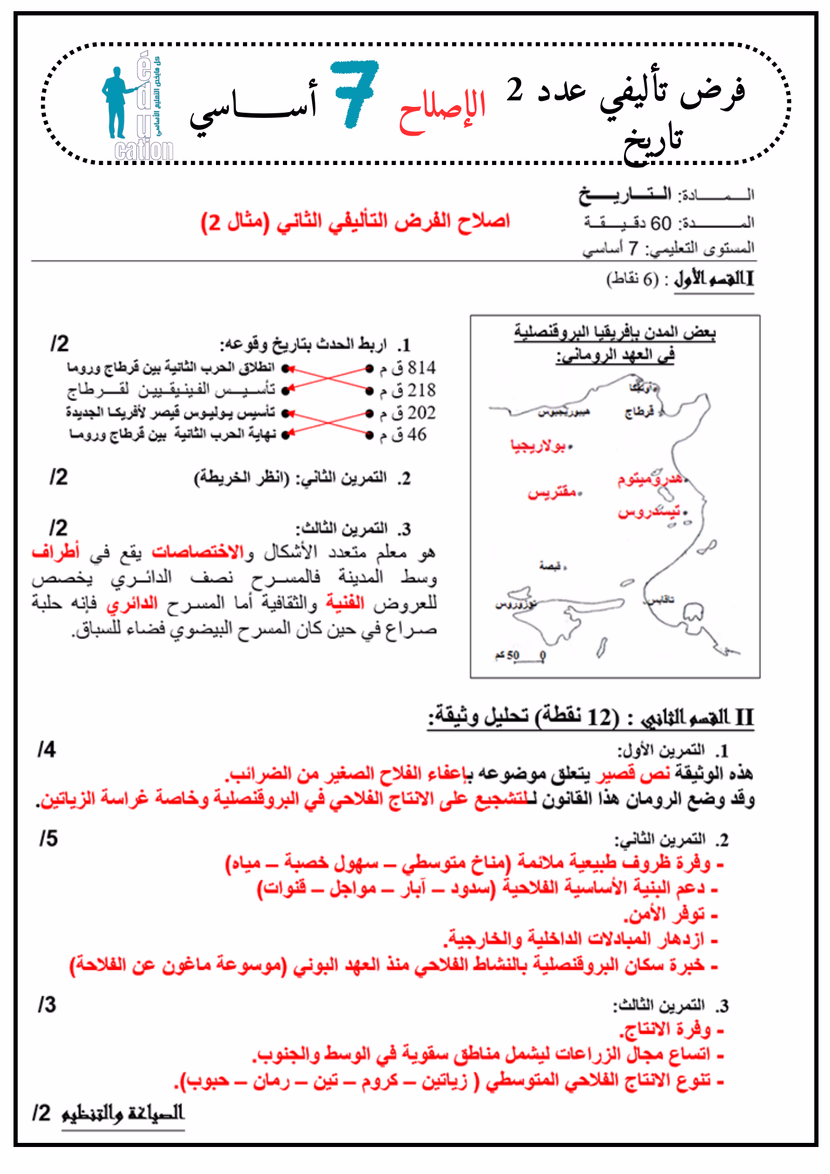 فرض تأليفي عدد 2 تاريخ السابعة أساسي الثلاثي 2 + الإصلاح الدّقيق