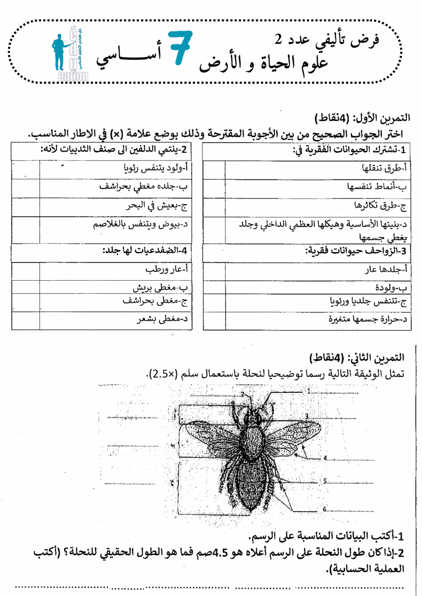 فرض تأليفي عدد 2 علوم الحياة والأرض سنة سابعة ثلاثي 2 مع الإصلاح